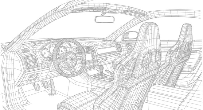 Detailed Wireframe Rendering of a Modern Car Interior Design.
