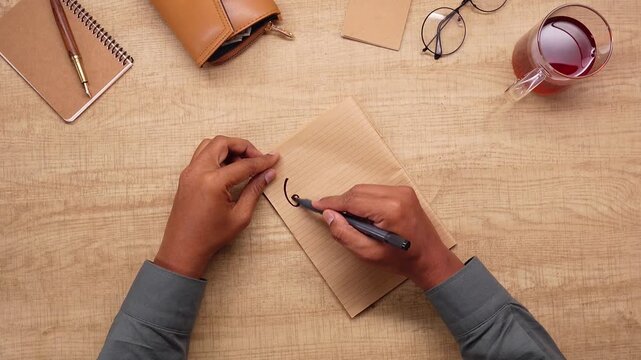 Top view of male hand writing goal plan action with black pen on brown paper at wooden desk.