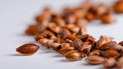 Obraz premium Macro view of orange-brown carrot seeds with textured coats on a white background
