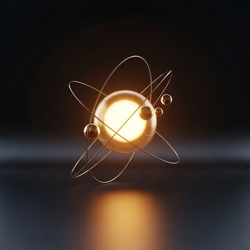Golden atomic structure symbol with orbiting spheres and rings, dark background, abstract science concept.