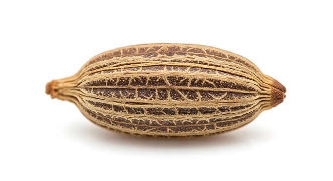 Close-up of a single cumin seed isolated on a white background.
