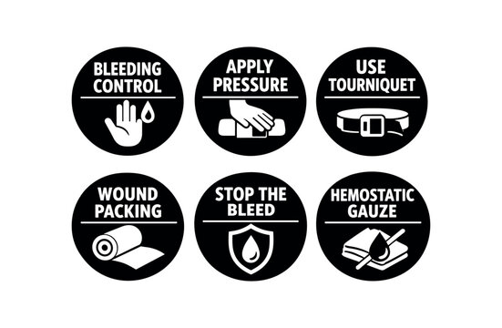 Bleeding control first aid icon set. bleeding control, apply pressure, use tourniquet, wound packing, stop the bleed, hemostatic gauze. emergency medical instructions, trauma care, injury treatment