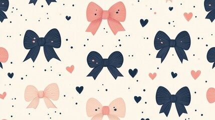 Fototapeta premium Seamless Pattern of Cute Bows and Hearts on Textured Background, Pink and Navy Blue