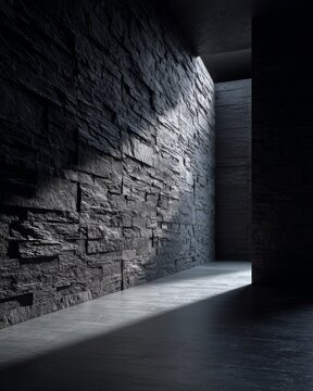 A dark interior featuring a raw Slate stone wall with heavy textures. 