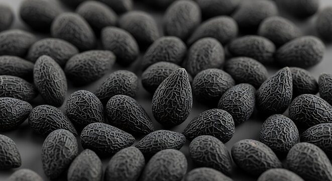 Black and White Close-Up of Numerous Nutmeg Seeds on a Surface.