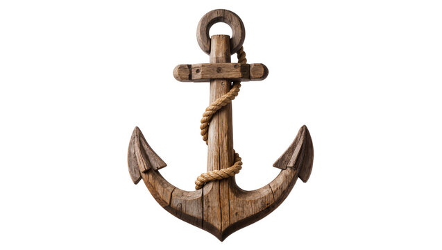 Rustic wooden anchor with thick rope, isolated on transparent background