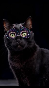 Black cat in carnival mask shows mysterious animal this is a great creative and festive pet portrait this is a very elegant and beautiful dark halloween or party conceptcat