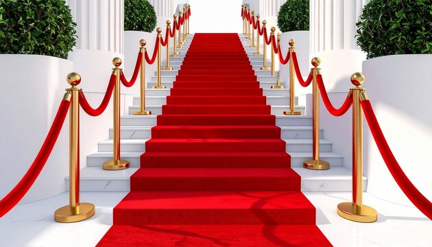 Luxury red carpet staircase with golden stanchions and velvet ropes, elegant event entrance, clean background, glamorous award ceremony concept scene