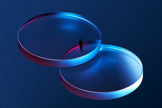 3D Neon Disc Crossing with silhouette on glowing platform
