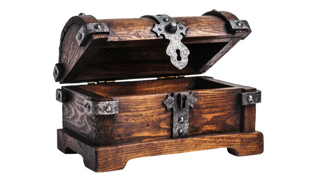 Antique wooden treasure chest with ornate metal clasps open and empty, isolated on transparent background