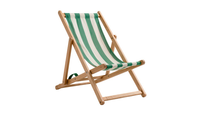 Wooden striped deck chair with green and white fabric, isolated on transparent background