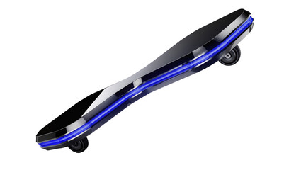 Sleek black split skateboard with blue LED lights, isolated on transparent background © PAPADOMUS