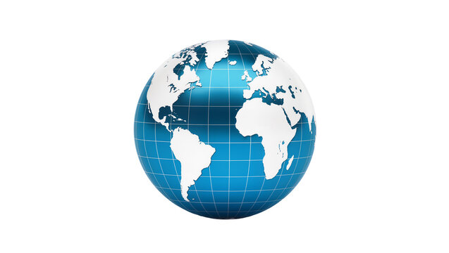 Blue grid globe with white continents, isolated on transparent background