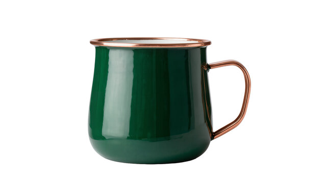 Dark green enamel mug with copper rim and handle, isolated on transparent background