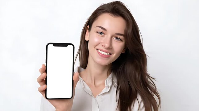 Smiling woman holding smartphone with blank screen for mockup