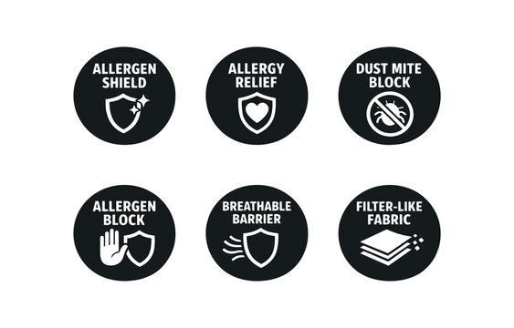 Allergy protection icon set. allergen shield, allergy relief, dust mite block, allergen block, breathable barrier, filter-like fabric, shield symbols. line, flat and colored vector icon set.