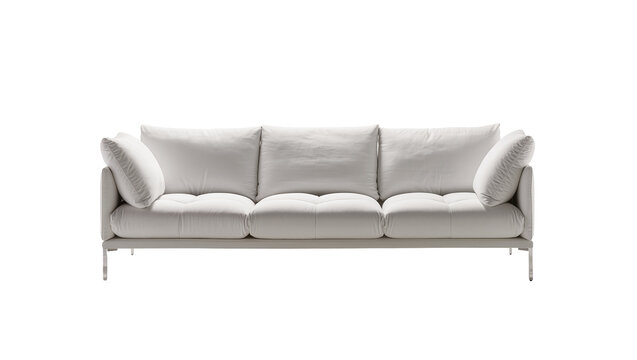 Modern three-seater sofa with plush cushions and thin metal legs, isolated on transparent background