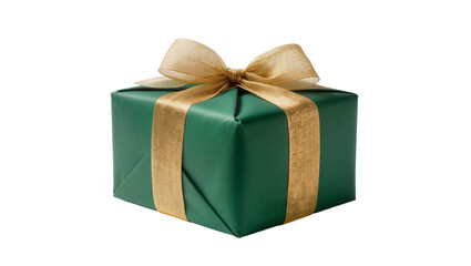 Fototapeta premium Elegant green gift box with golden ribbon and bow, isolated on transparent background