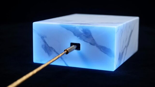 Marble block glowing blue light.