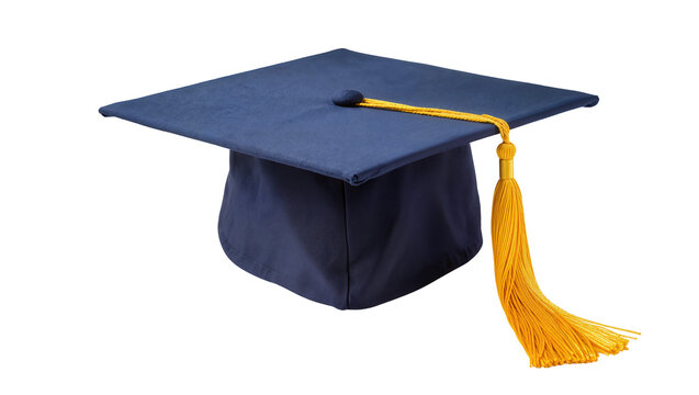 Dark blue graduation cap with golden tassel, isolated on transparent background