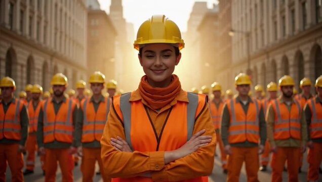 Woman wearing a high visibility safety vest and a yellow hard hat posing confidently in front of a crew of other construction workers, professional teamwork. 