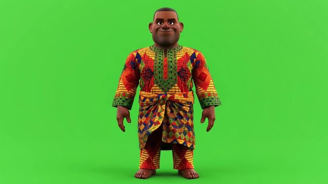 A digitally rendered individual in vibrant, patterned attire standing against a plain green background, showcasing ethnic clothing