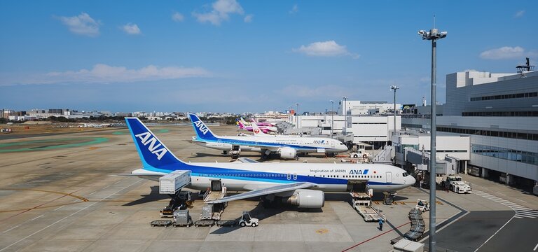 ANA all Nippon airways Aircraft at Fukuoka Airport apron Airline business Panorama view : Fukuoka, Japan - Mar 12, 2026 