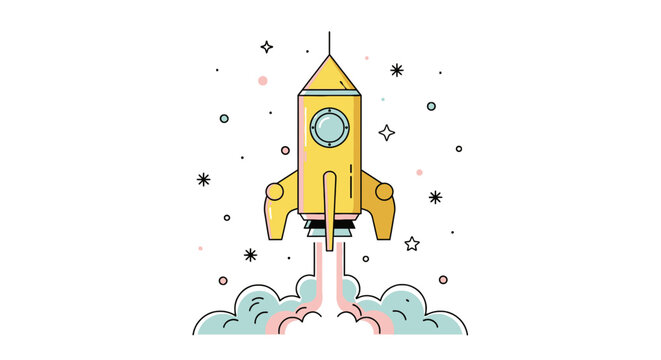 A colorful, cartoon rocket takes off with exhaust, surrounded by stars and dots