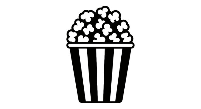 A black and white illustration of a popcorn bucket overflowing with popcorn kernels