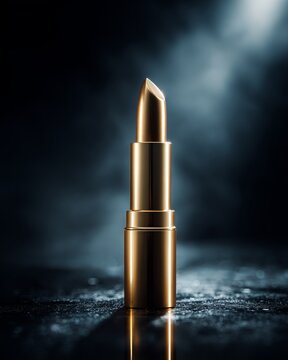 A luxury gold lipstick tube placed on a black reflective glass surface.