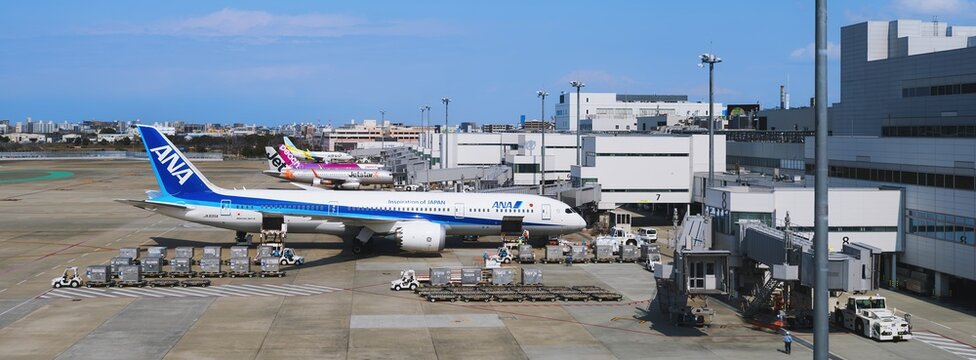 ANA all Nippon airways Aircraft at Fukuoka Airport apron Airline business Panorama view : Fukuoka, Japan - Mar 12, 2026 