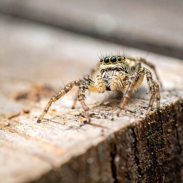 Closeup of jumping spider on wood.