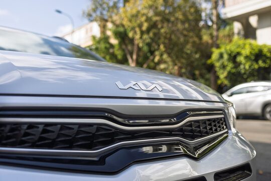Kia Sportage car front grille and new logo close up detail. 21 Feb 2026. Givatayim, Israel