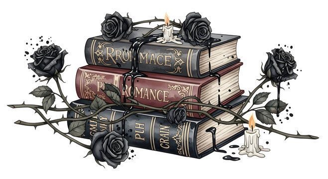 Stack of old books, mystical roses, and candles, gothic still life, dark academia decor