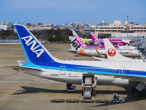 ANA all Nippon airways Aircraft at Fukuoka Airport apron Airline business : Fukuoka, Japan - Mar 12, 2026 
