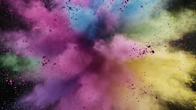 Vibrant explosion of multi-colored powder against a dark background