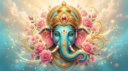 Fototapeta premium Colorful artistic depiction of Ganesha with floral elements and ornate details