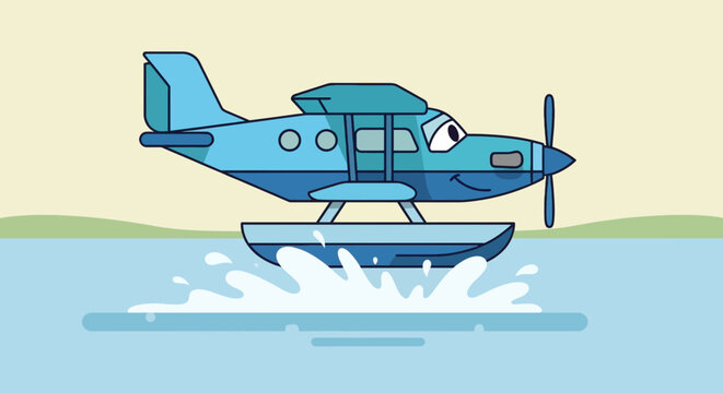 Cartoon seaplane on water, with a smiling face. Background includes light green land and beige sky