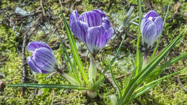 Spring snow melting macro time lapse revealing purple crocus flowers blooming, seasonal transition and natural growth process