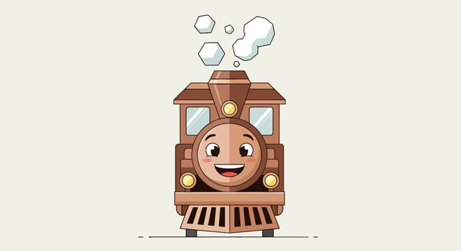 Cartoon steam train with a smiling face and puffs of smoke