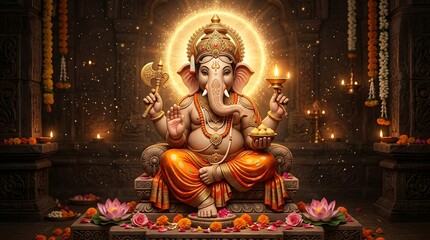 Naklejka premium Hindu deity Ganesha in traditional temple setting with glowing aura