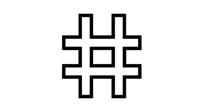 Bold black graphic of a hash symbol, centered on white background