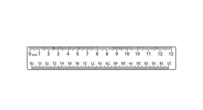 An isolated graphic of a gray ruler with inch and fractions on a white background