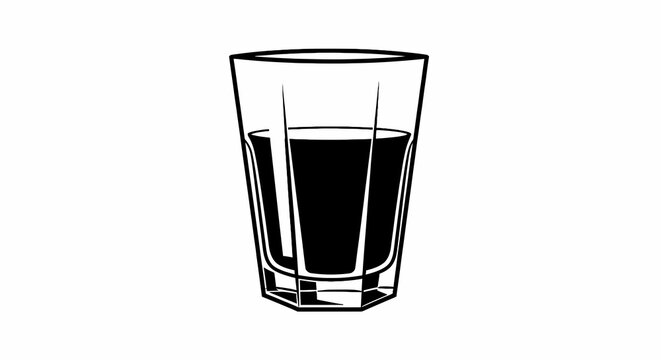 A geometric glass filled with a dark liquid, in a simple black and white outline style