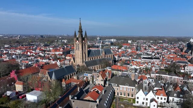 Historic city skyline of Delft with multiple church towers in the Netherlands