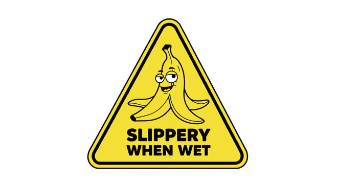 A cartoon banana peel sits within a yellow triangular sign. The text warns "Slippery When Wet