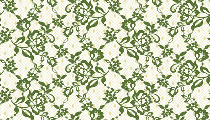 A seamless lace pattern with hollow floral motifs in two shades of yellow-green. © NW