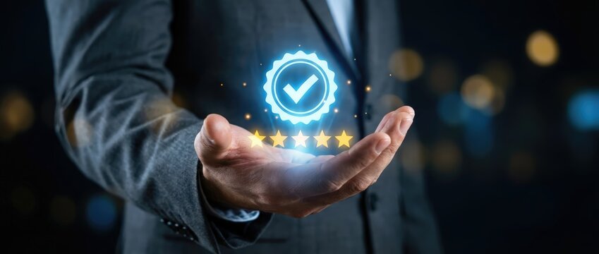Quality assurance in business hand gesture with digital badge and stars professional setting nighttime view concept of trust and excellence
