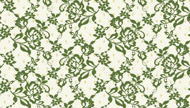 A seamless lace pattern with hollow floral motifs in two shades of yellow-green.