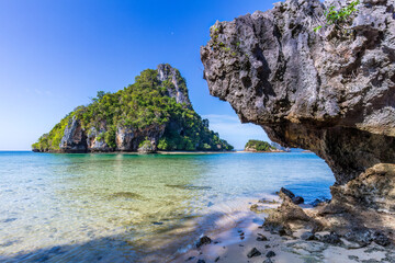 View of Hong island from the rocky cover of a neighboring island. In the Andaman Sea, near Krabi, southern Thailand.   © dhayes